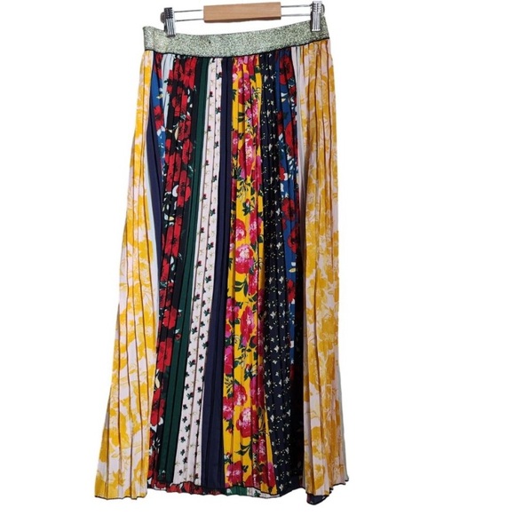 Anthropologie mixed print floral pleated boho elegant midi satin silk skirt - Picture 4 of 12